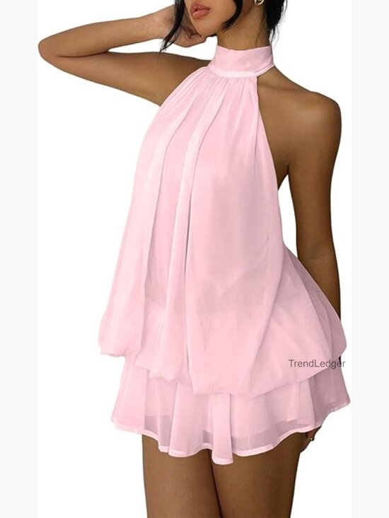 Dresses & Skirts - Elegant Chiffon Halter Drop Waist Mini Dress Wedding Guest Formal Club Outfit